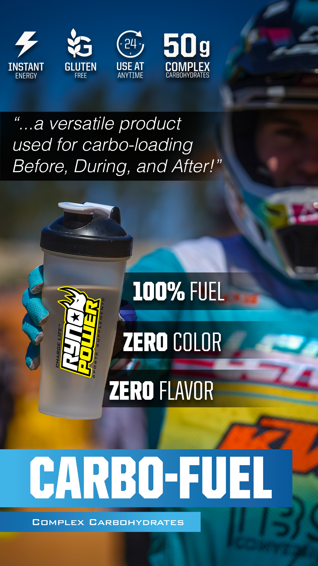 mx rider holding bottle with carbo fuel & highlights listed w/ quote