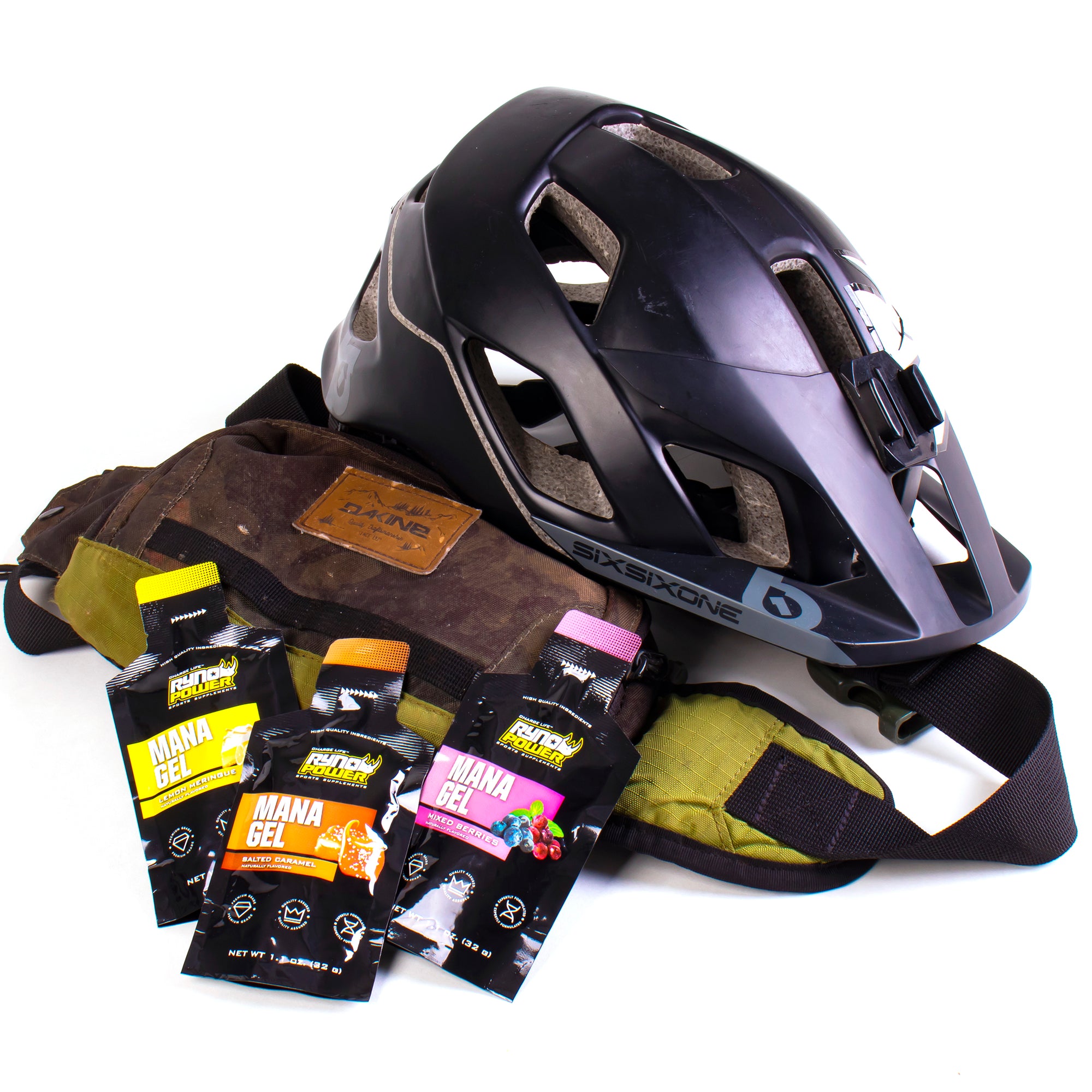 Pile of gear - helmet, hip pack, gels