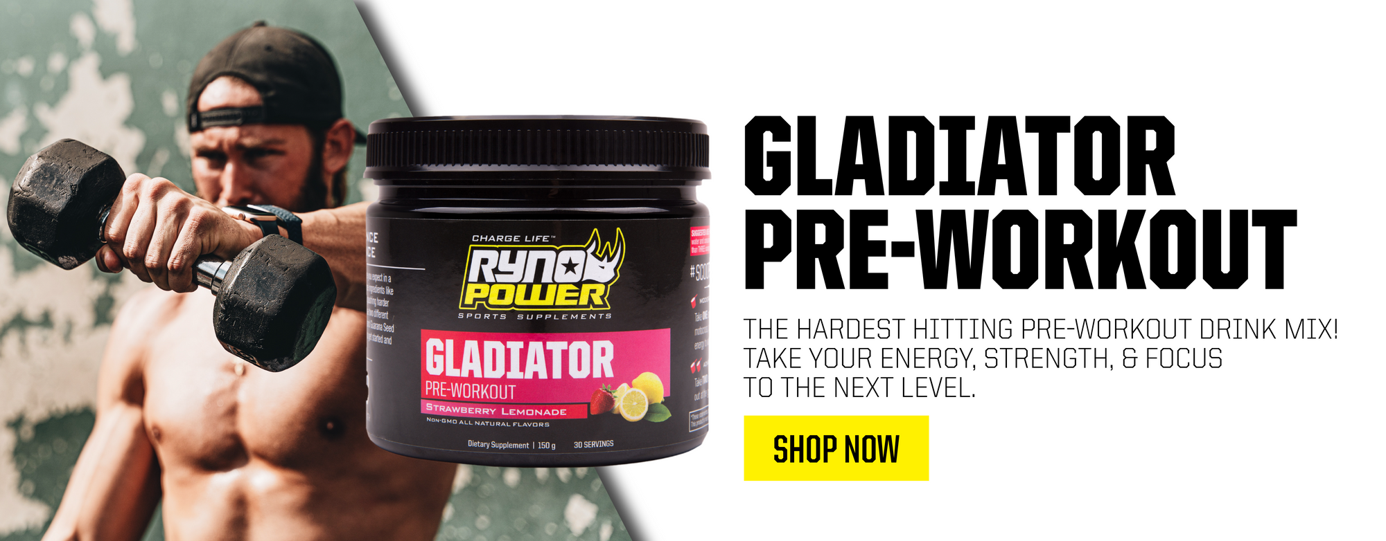 Gladiator pre-workout banner - person lifting weights with product showcased
